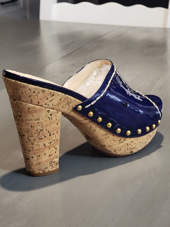 Prada Shoes - PRADA Royal Blue Patent Leather Studded Cork Platform Mules Sandals Size 40